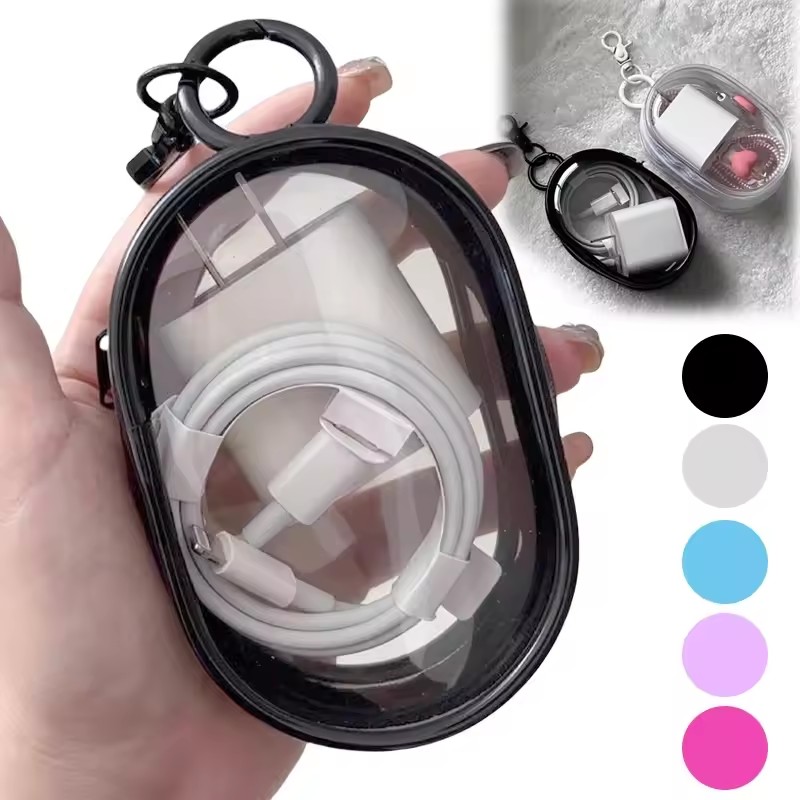 Cable Winder Keychain - 多機能クリアデータケーブルオーガナイザー収納ボックス、屋外旅行用ヘッドセット収納バッグ、データケーブルラウンドキーホルダー収納