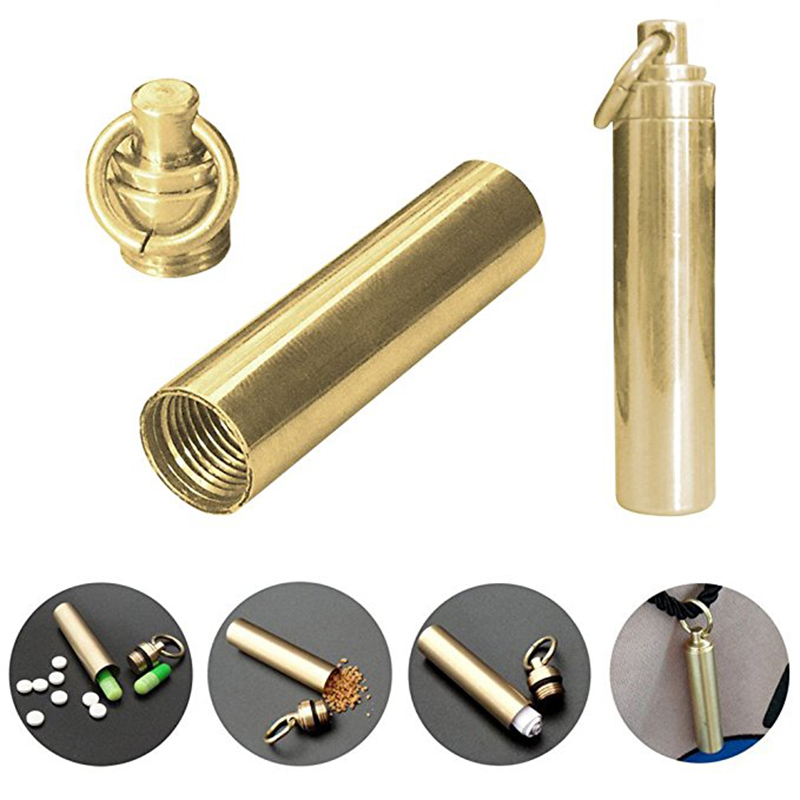 Pill Fob Capsule - 1 PC ソリッドブラス防水ピルカプセルフォブホルダーケースキーリング付き小さな薬容器シールボックスポータブル EDC キーホルダー
