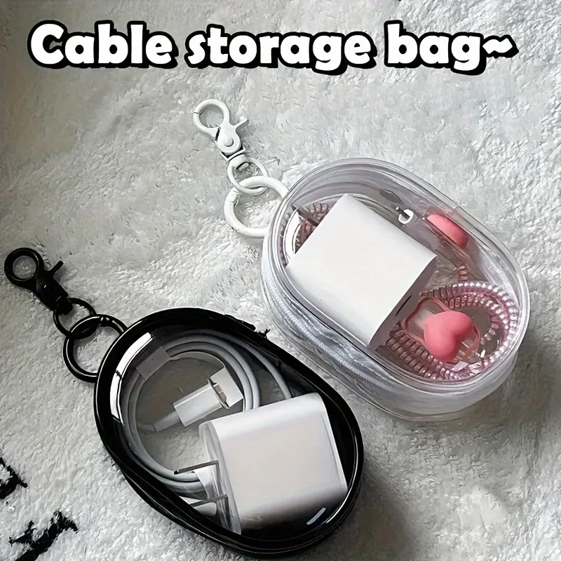 Cable Winder Keychain - ポータブルミニクリアジッパー収納バッグ - イヤホンや充電器用の省スペースケーブルオーガナイザー、便利なキーチェーンループ付きで多用途に使用可能